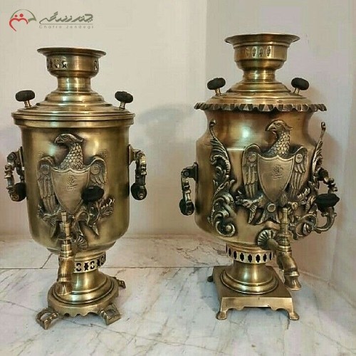 سماور های 6 و 8 لیتری برنجی زغالی با ورق ضخیم و رنگ آنتیک، طرح عقاب برجسته - هنرظریف