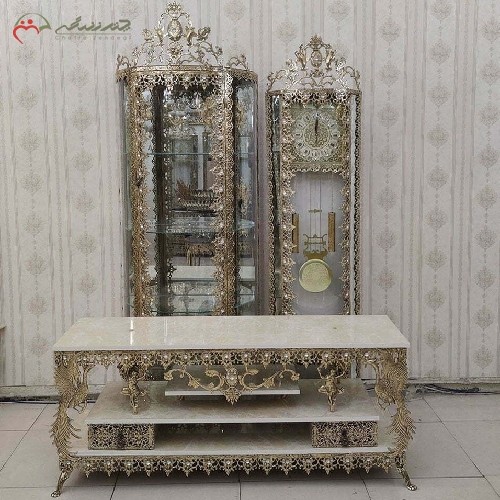 سرویس 3 پارچه جهیزیه برنزی، میز تلویزیون طاووس دار، طرح گل آفتابگردان با ضمانت ثبات رنگ