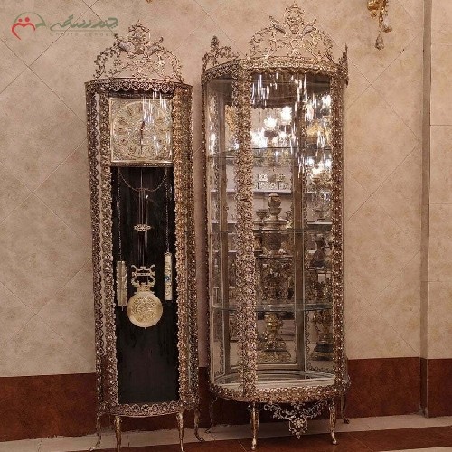 ست شکیل ویترین و ساعت ایستاده برنزی در طرح گل رز برجسته به رنگ آنتیک با ضمانت رنگ و کیفیت