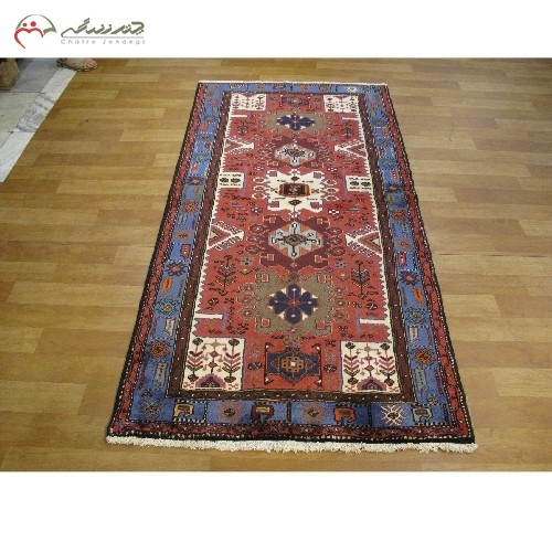 فرش دستبافت طارم زنجان کد 40024 با زمینه ی 5 ترنج با رنگ لاکی و آبی، بسیار چشم نواز - هنرظریف