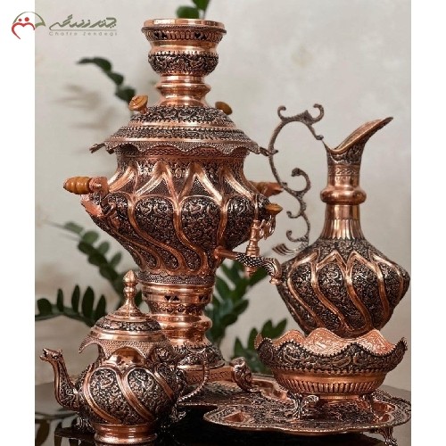 سرویس سماور 5 لیتری مسی ورق 1.5 میل خم کاری و قلم زنی شده، بسیار چشم نواز و با کیفیت دارای گارانتی
