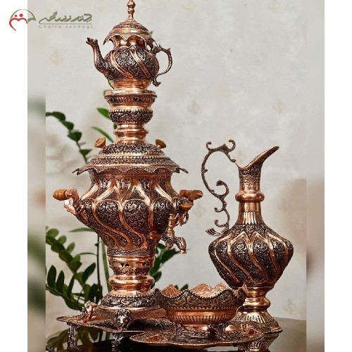 سرویس سماور 5 لیتری مسی ورق 1.5 میل خم کاری و قلم زنی شده، بسیار چشم نواز و با کیفیت دارای گارانتی