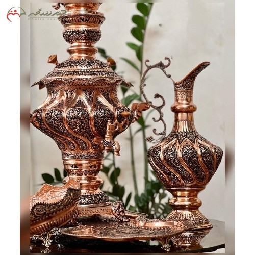 سرویس سماور 5 لیتری مسی ورق 1.5 میل خم کاری و قلم زنی شده، بسیار چشم نواز و با کیفیت دارای گارانتی