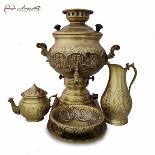 سرویس سماور گازی برنجی کد 113 با طراحی بی نظیر و قلم زنی اعلاء همراه پارچ و قندان، کیفیت عالی دارای گارانتی
