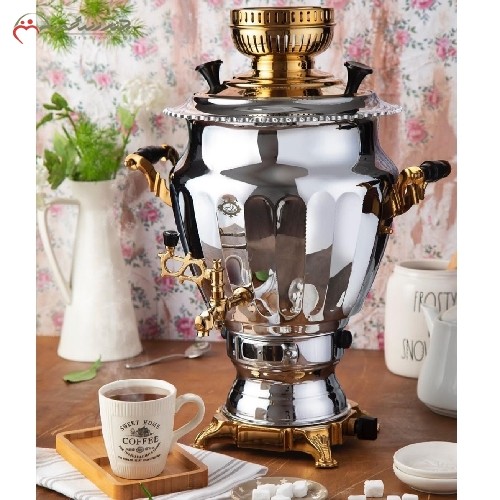 سماور 6 لیتری گازی استیل  کد 115 با طراحی سنتی و آنتیک پیلوت دار  در طرح نگین با رنگ طلایی و سیلور، ضمانت رنگ بدنه - هنرظریف