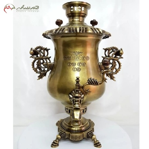 سماور شکیل و براق 8 لیتری زغالی برنجی با بدنه ی ریخته گری شده کد 114 در دو رنگ آنتیک و طلایی، مدل کاپ گرند، دارای گارانتی