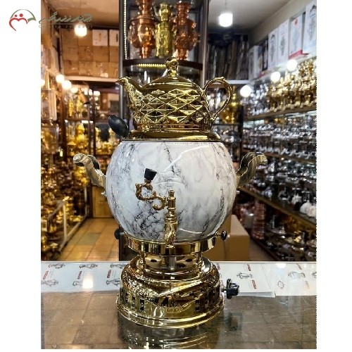سماور زیبای 4 لیتری برنجی گازی کد 114 دارای روکش سرامیکی در طرح توپی قابل استفاده به صورت زیر کابینتی