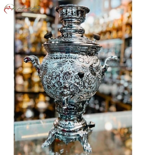 سماور گازی 6 لیتری تمام مس با روکش کروم و قلم زنی شده مدل گل و مرغ کد کالا 116 - هنرظریف