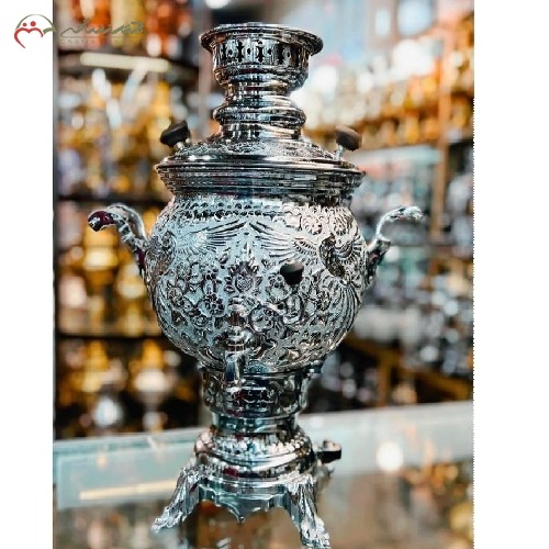 سماور گازی 6 لیتری تمام مس با روکش کروم و قلم زنی شده مدل گل و مرغ کد کالا 116