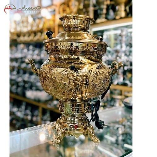 سماور برقی برنجی 8 لیتری کد 116 با قلم زنی ماهرانه، دارای روکش و 1 سال ضمانت