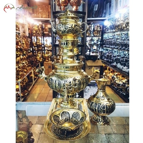 سرویس زیبای سماور ذغالی برنجی کد 116 کار شده با سیاه قلم، رنگ طلایی و عدسی با ضمانت یک ساله - هنرظریف