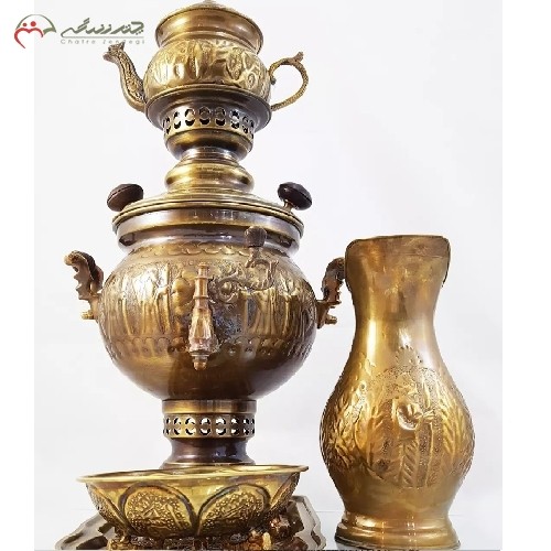 سماور 4 لیتری ذغالی برنجی کد 116 در طرح گل و مرغ با بدنه ی پر کار و بدون سرب با گارانتی 1 ساله
