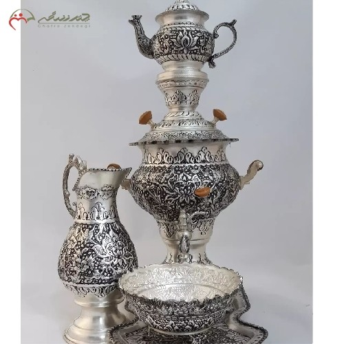 سماور 4 لیتری ذغالی برنجی کد 116 در طرح گل و مرغ با آبکاری نقره و قلم دست، کیفیت اعلاء - هنرظریف