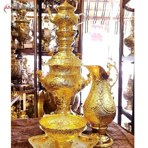 سرویس سماور 5 لیتری ذغالی برنجی کد 116 با  قلم زنی دست و آبکاری طلای 24 عیار، دارای گارانتی - هنرظریف