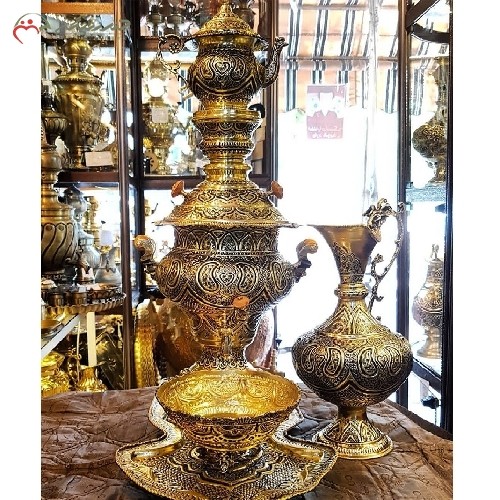 سماور برنجی زغالی 5 لیتری کد 116 ، قلم زنی بسیار زیبا و ظریف کار دست و آبکاری شده، دارای ضمانت، شیک و آنتیک - هنرظریف