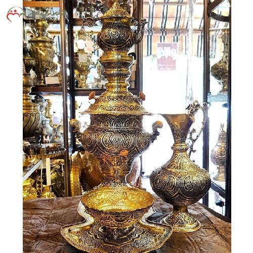 سماور برنجی زغالی 5 لیتری کد 116 ، قلم زنی بسیار زیبا و ظریف کار دست و آبکاری شده، دارای ضمانت، شیک و آنتیک