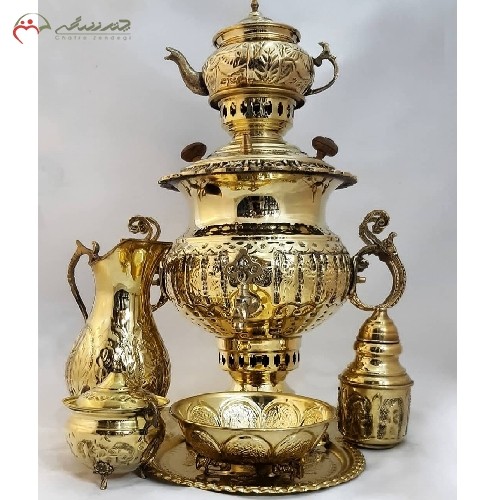 سرویس آنتیک سماور ذغالی برنجی6 لیتری  آبکاری کروم کد 116، مدل کاپی چهار دسته با ضمانت - هنرظریف