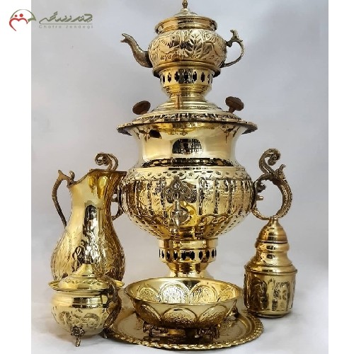 سرویس آنتیک سماور ذغالی برنجی6 لیتری  آبکاری کروم کد 116، مدل کاپی چهار دسته با ضمانت