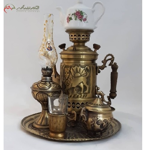سرویس کتری شکاری برنجی 2 لیتری کد 116 با رنگ آنتیک، بدنه ی کار شده بی نظیر، دارای گارانتی - هنرظریف