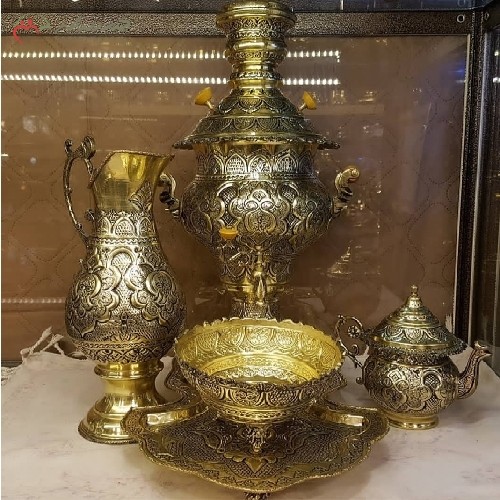 سرویس سماور ذغالی برنجی کد 116، پر نقش و نگار با آبکاری بدنه و سیاه قلم، دارای ضمانت 7 ساله - هنرظریف