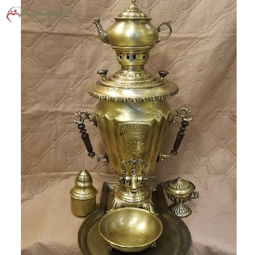 ست سماور ذغالی برنجی 4 لیتری، کد 116 با ورق ضخیم 1 میل، ماندگاری بالا