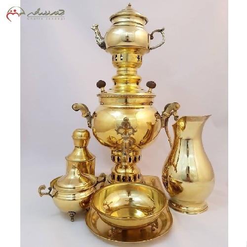 ست کامل سماور ذغالی 3 لیتری ممتاز با رنگ آبکاری شده و بدنه ی برنجی ضخیم با رنگ آبکاری شده ی کروم کد 116