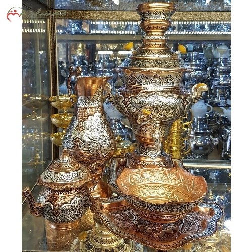 ست کامل سماور ذغالی 5 لیتری با آبکاری نقره و مس، تولید شده با ورق ضخیم برنجی و قلم زنی کار دست کد 116 - هنرظریف