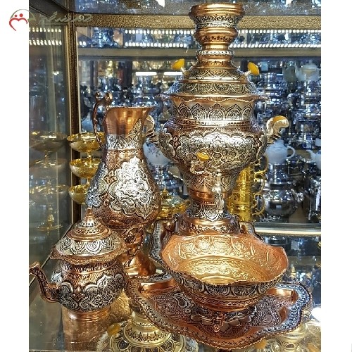 ست کامل سماور ذغالی 5 لیتری با آبکاری نقره و مس، تولید شده با ورق ضخیم برنجی و قلم زنی کار دست کد 116