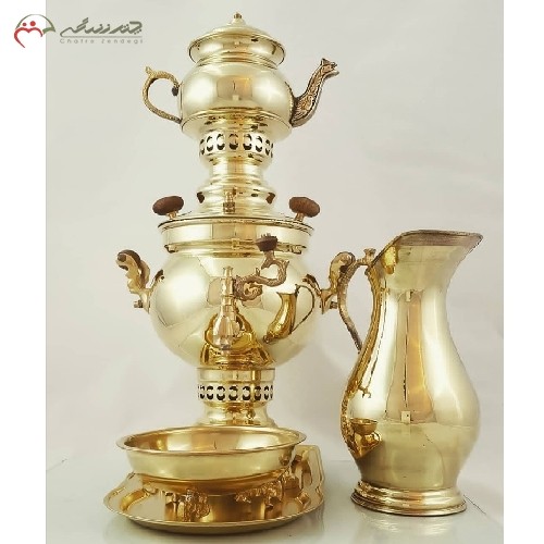 سماور 4 لیتری برنجی ساده کد 116 همراه با سرویس پارچ و سینی،آبکاری شده دارای روکش کروم طلایی و ضمانت نامه