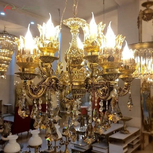 لوستر آلیاژ طلایی رنگ دارای 5 شاخه ی دوبل و سر شاخه های کریستالی، دارای ضمانت - هنرظریف