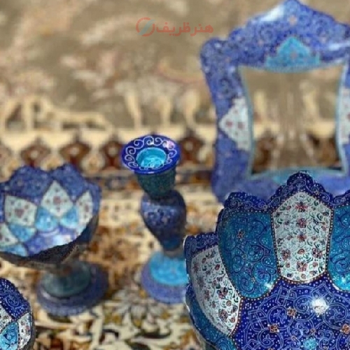 هفت سین مسی، مینا کاری شده لعاب دار، پخته شده در کوره، رنگ زیبای آبی