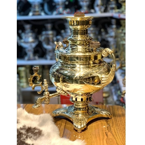 خرید سماور زغالی تمام برنجی مدل مهدیس روسی، دسته ریخته جدید، پایه پانچ، ورق سوپر سنگین| هنرظریف