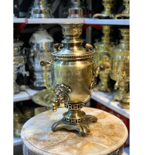 خرید سماور زغالی 6 لیتری مدل نظرووف، کاملا برنجی، مهر روسی| هنرظریف