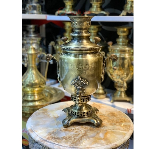 سماور زغالی 6 لیتری مدل نظرووف، کاملا برنجی، مهر روسی