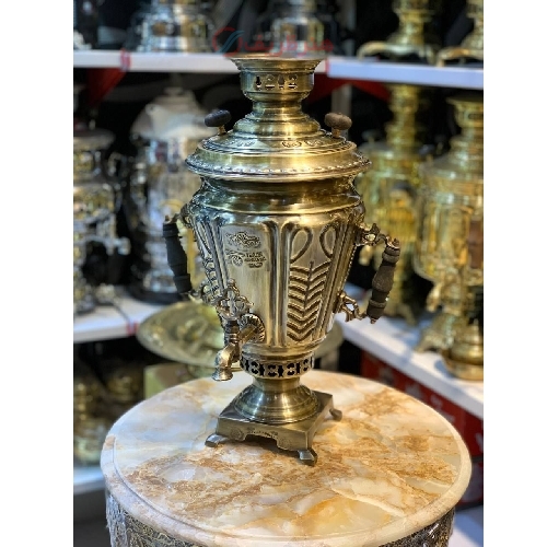 سماور زغالی 6 لیتری مدل کاپ دار، کاملا برنجی، آنتیک شده سفارشی