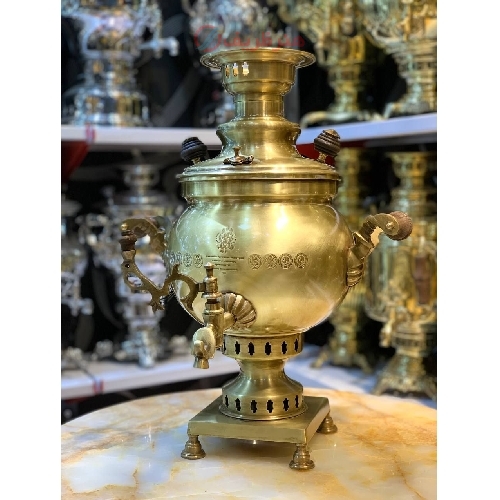 خرید سماور زغالی 6 لیتری مدل کروی طرح سال، کاملا برنجی| هنرظریف