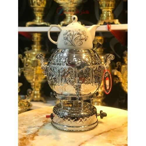 سماور گازی برنجی، 6 لیتر، تخم مرغی، 3 کاره، هم روگازی هم سماور، شیر استاندارد