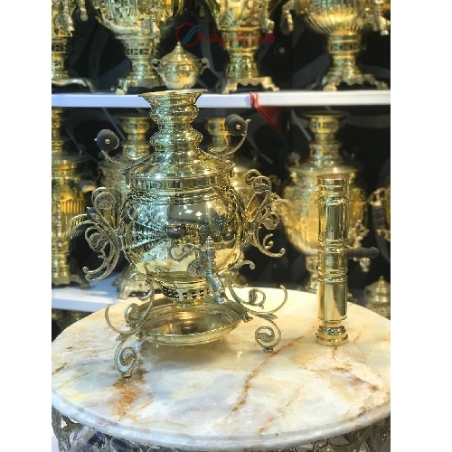سماور زغالی برنجی، 6 لیتر، مدل 3 پایه روسی، مهر روسی