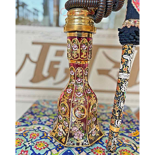 قلیان تنه برنجی سه مرتبه شمش، سینی قلم کاری رنگی با گارانتی 10 ساله