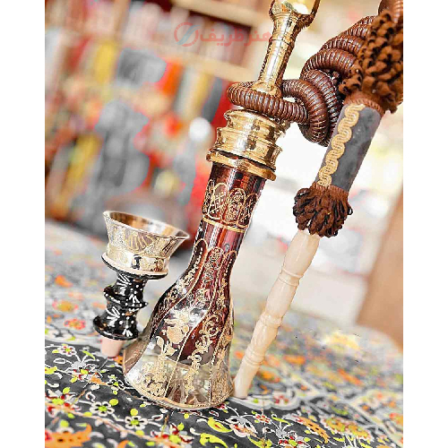 قلیان کامل برنجی شمش گلدان دار، طرح گل و مرغ برجسته با گارانتی 10 ساله