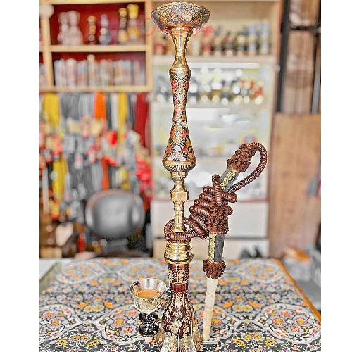 خرید قلیان کامل برنجی شمش گلدان دار، طرح گل و مرغ برجسته با گارانتی 10 ساله| هنرظریف