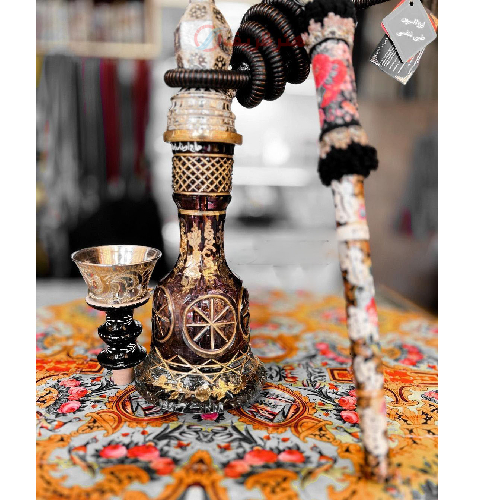 قلیان برنجی شمش رخ دار ملکه، طرح ساعت طلا کاری برجسته، گارانتی 10 ساله