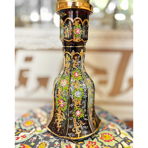 قلیان برنجی گلدان دار، شیشه دو پوست تراش سنگین، نقاشی گل و مرغ