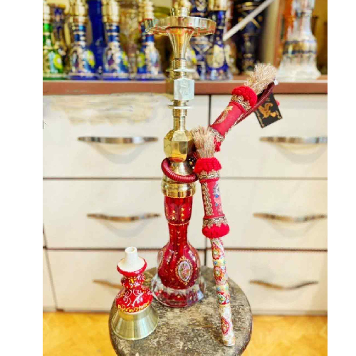 قلیان برنجی یک مرتبه شمش دلبر تراش، طرح ترنج، شیلنگ چرم سایز بزرگ