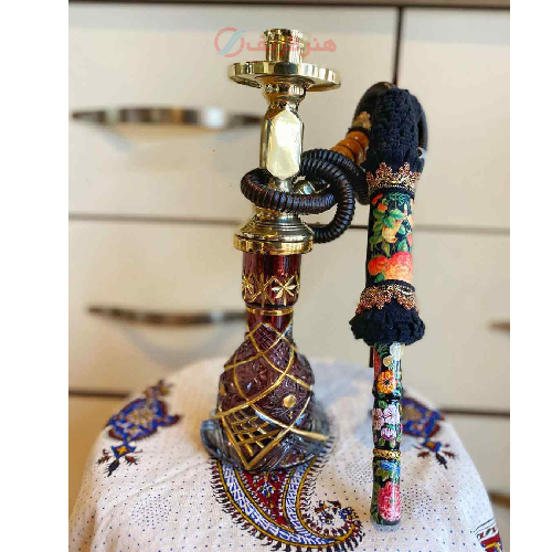 قلیان کامل برنجی سیسمونی سه بعدی، نقاشی شده با رنگ طلا