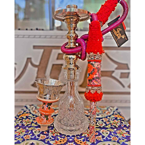 قلیان کامل برنجی سیسمونی طرح هما ساده، شیشه تراش طرح شیراز
