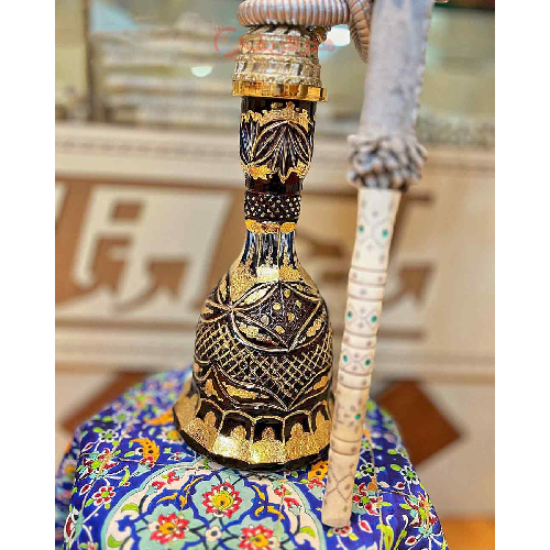 قلیان کامل برنجی یک مرتبه شمش، شیشه طلاکاری مدرن، شیلنگ چرم