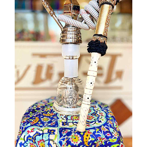 قلیان کامل برنجی دو مرتبه شمش، شیشه سایه روشن پلاتین، شیلنگ چرم