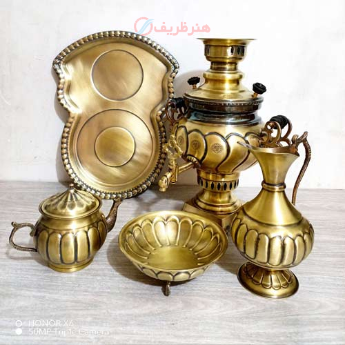 ست 5 پارچه سماور ذغالی، 3 لیتری، عدسی آینه پیچ، کار سنگین با ورق ضخیم