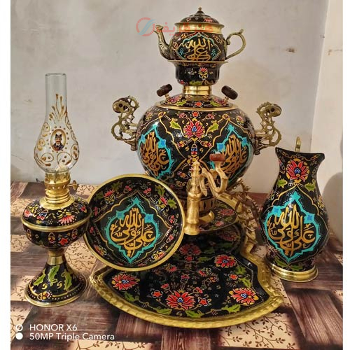 مشخصات سرویس 6 پارچه سماور ذغالی، 6 لیتری، طرح روس 3 پایه، میناکاری طرح بینظیر علی ولی الله | هنرظریف